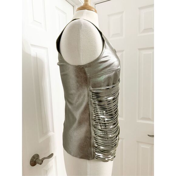 Nour Hammour Retrograde Gold Taupe Metallic Leather Fringe Top Size 38 4 6 - Picture 3 of 7